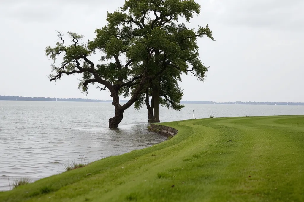Floodwater standing over a lawn with post oaks rising out of the water.