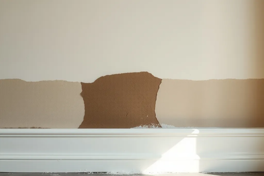 A dark damp tidemark rising out of the slab up the bottom of a wall, baseboard removed.